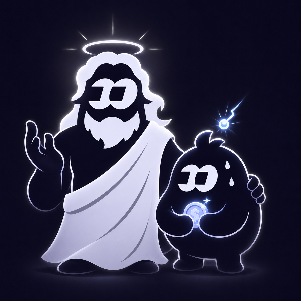 Jesus calming his anxious FOMO companion holding a glowing coin